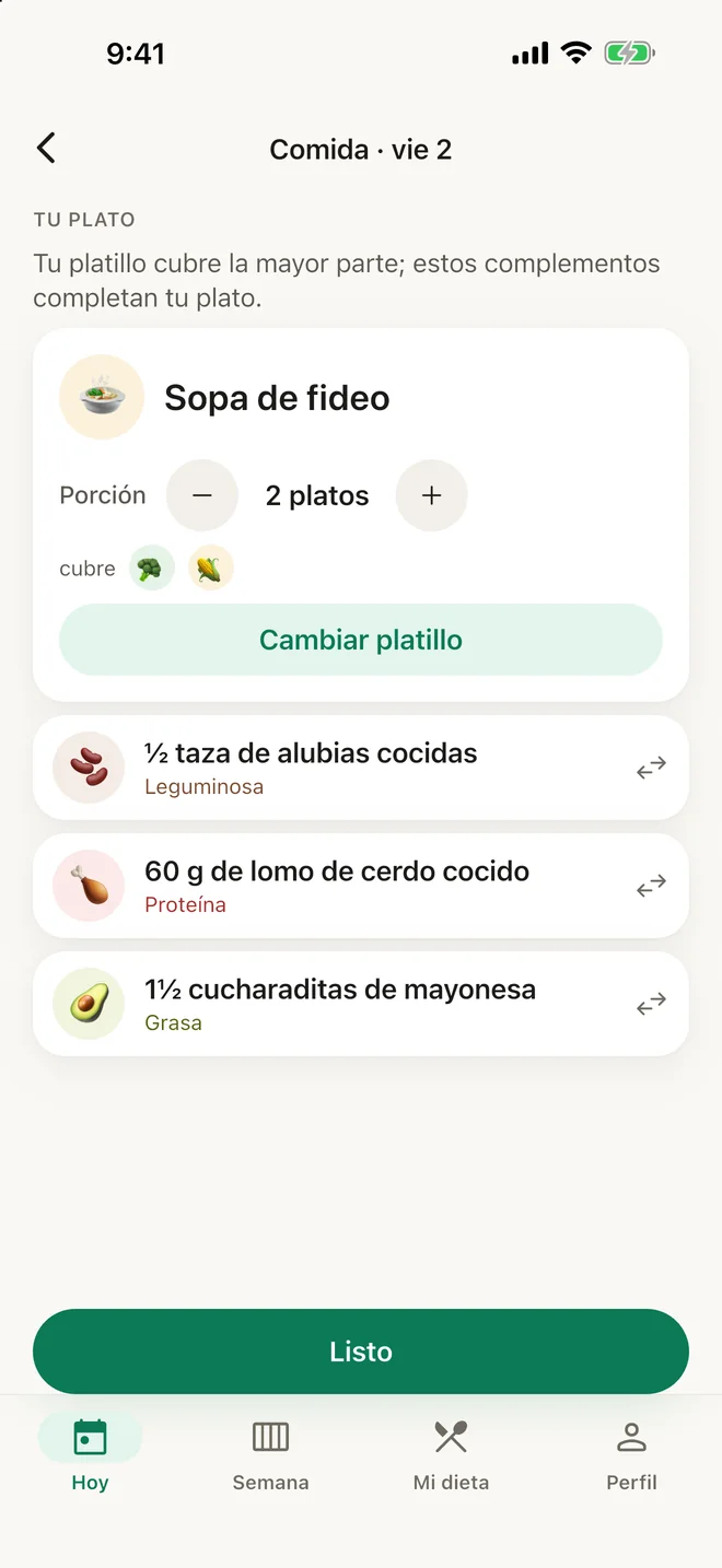 Pantalla para cambiar la comida: el platillo Sopa de fideo con sus porciones por grupo y un botón para cambiar cada una.